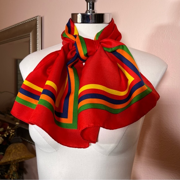 Vintage 70 80 Red MOD Rainbow Preppy Stripe Rectangle Bow Neck Scarf - Picture 12 of 17